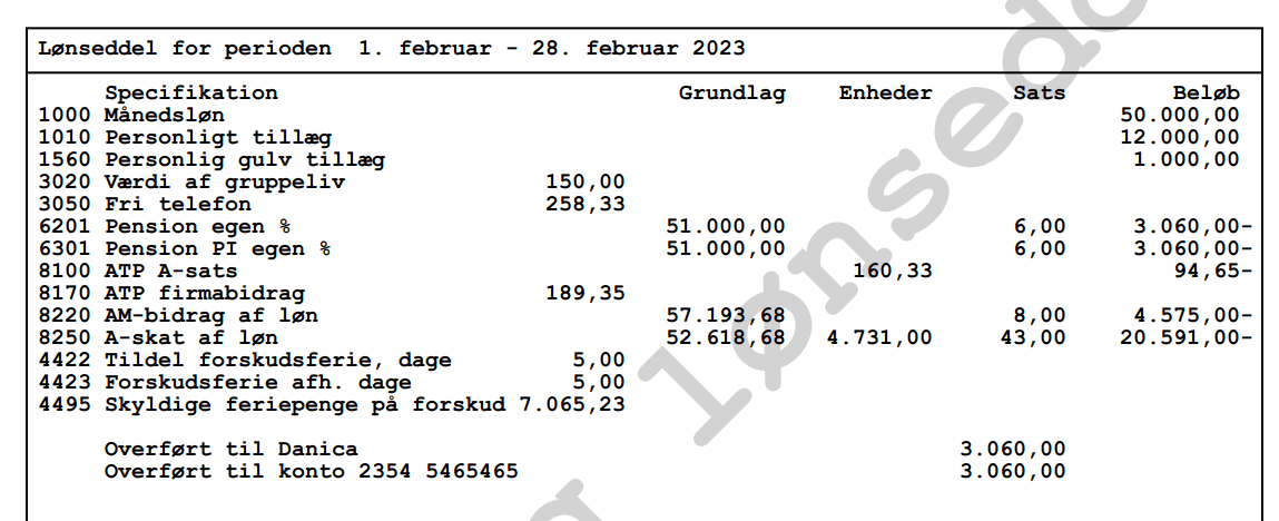 lønseddel der viser ferie på forskud